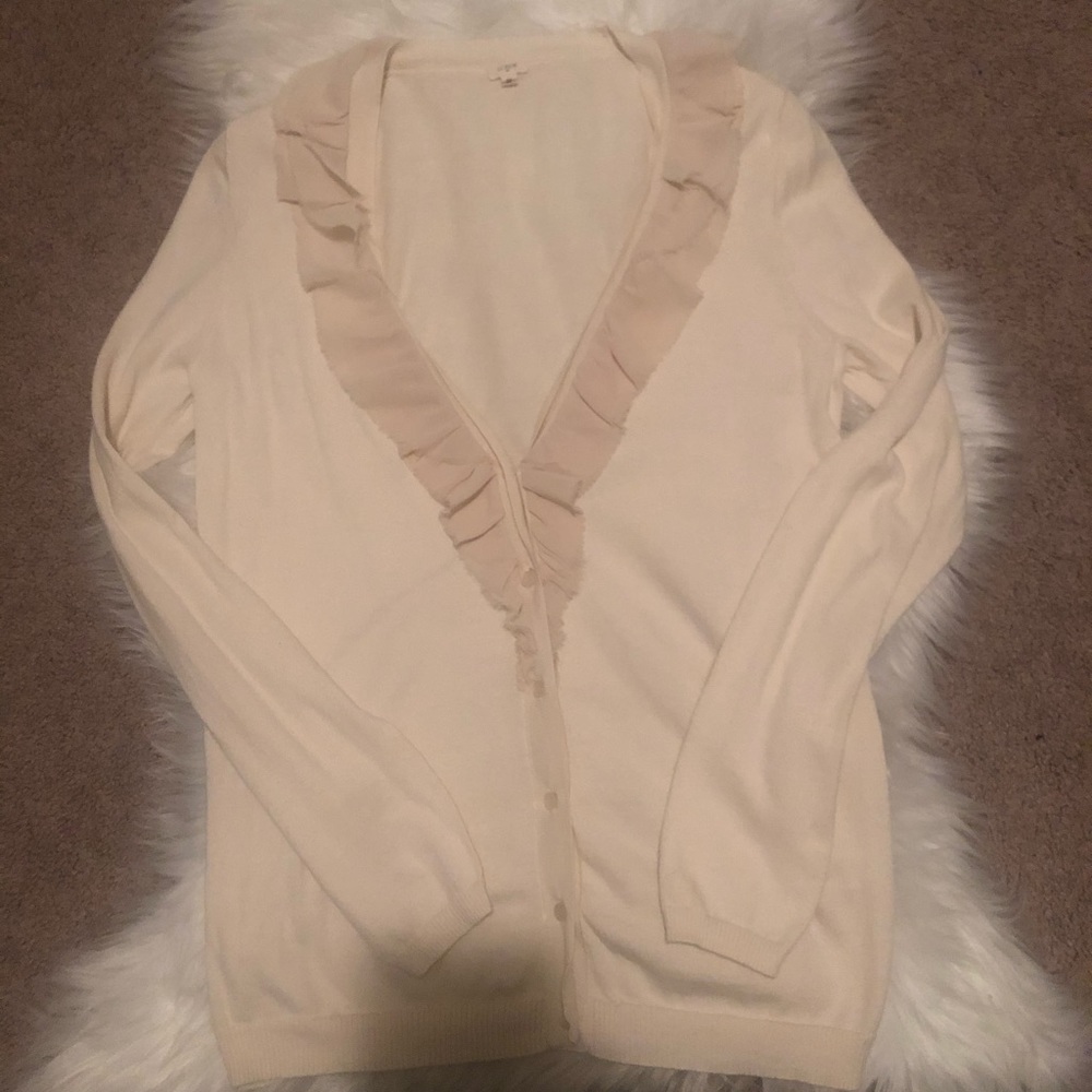 J Crew Womens soft cream ivory ruffled cardigan